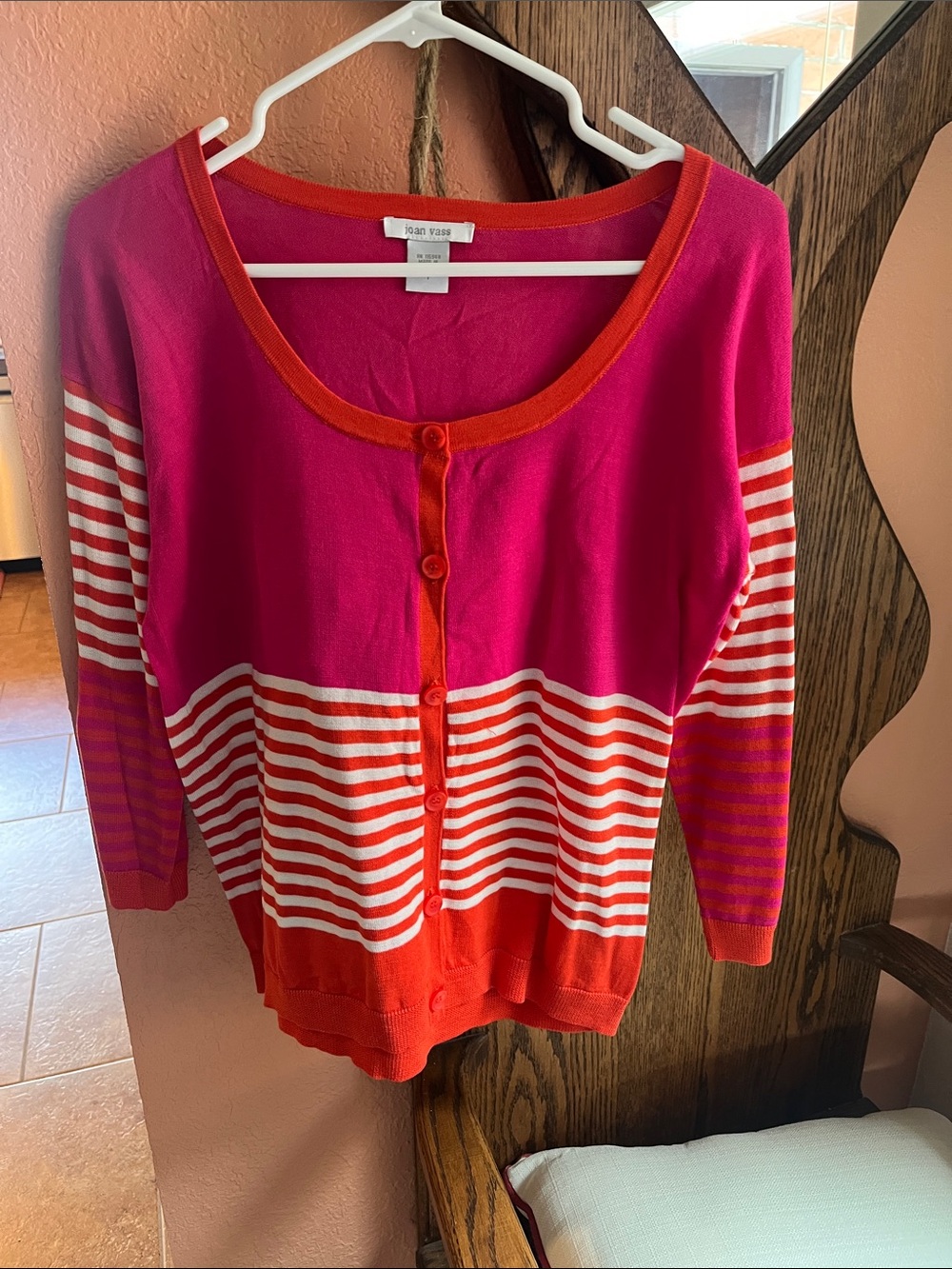 Joan Vass Fuchsia and Orange Striped Button-Up Cardigan